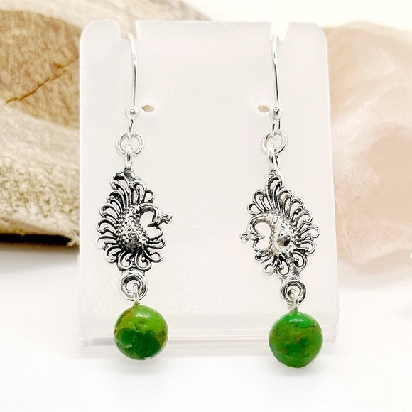 STERLING Silver Kingman Green Mojave Turquoise Drop Peacock Earrings - Picture 1 of 3